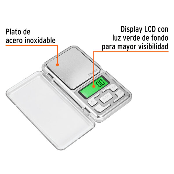 BALANZA ELECTRÓNICA DE BOLSILLO 0.5KG C/ PLATO INOX. 100786 - TRUPER - Imagen 3