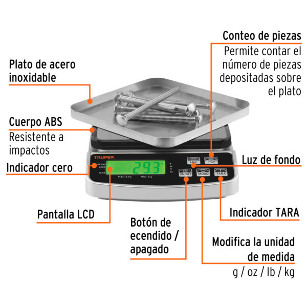 BALANZA DIGITAL DE PRESICIÓN 3KG 102317 - TRUPER - Imagen 3