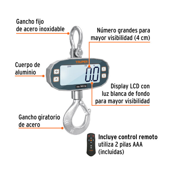 BALANZA DIGITAL COLGANTE 500KG 102543 - TRUPER - Imagen 3