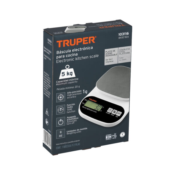 BALANZA DIGITAL 5KG P/ COCINA C/ PLATO INOXIDABLE 103116 - TRUPER - Imagen 4
