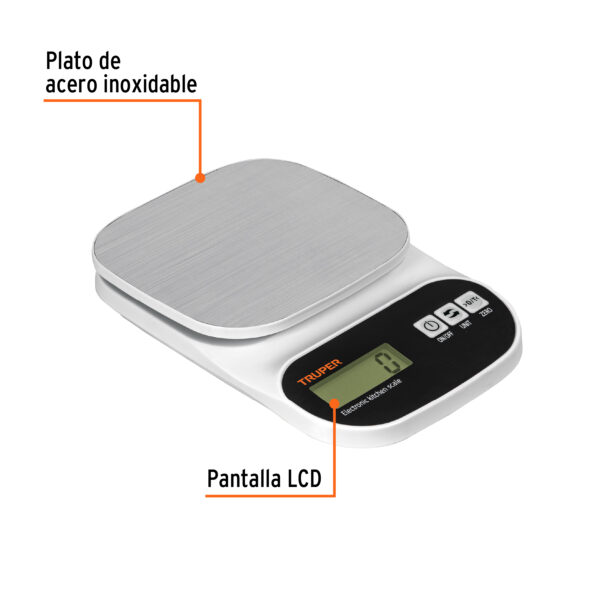 BALANZA DIGITAL 5KG P/ COCINA C/ PLATO INOXIDABLE 103116 - TRUPER - Imagen 3