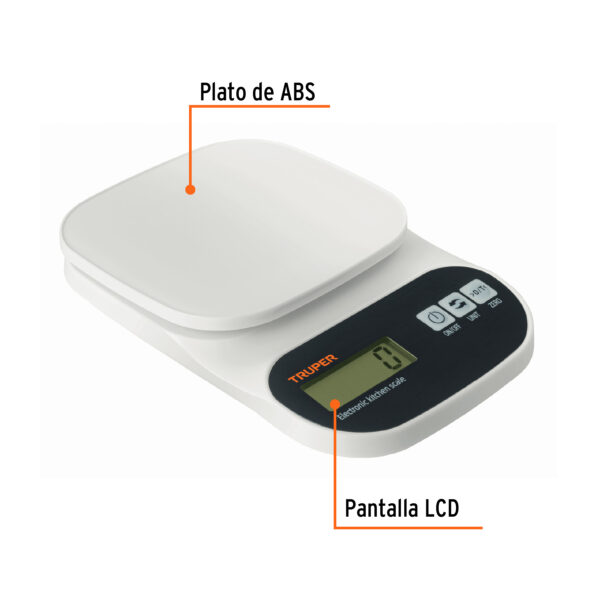 BALANZA DIGITAL 5KG P/ COCINA C/ PLATO ABS 15161 - TRUPER - Imagen 3
