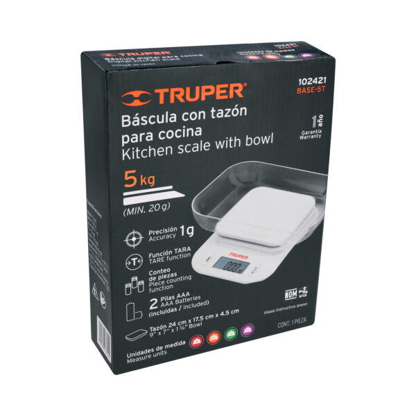 BALANZA DIGITAL 5KG P/ COCINA C/ TAZÓN Y PLATO ABS 102421 - TRUPER - Imagen 4