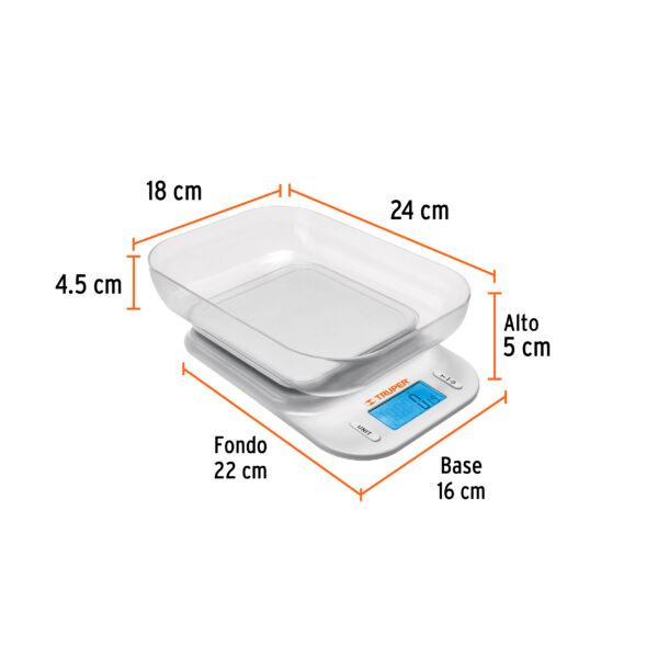 BALANZA DIGITAL 5KG P/ COCINA C/ TAZÓN Y PLATO ABS 102421 - TRUPER - Imagen 2
