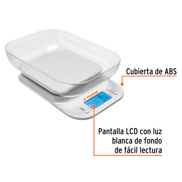 BALANZA DIGITAL 5KG P/ COCINA C/ TAZÓN Y PLATO ABS 102421 - TRUPER - Imagen 3