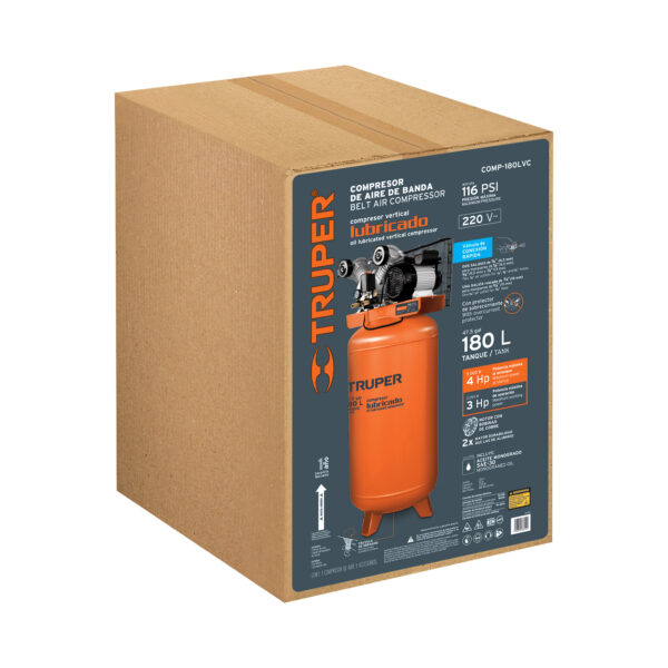 COMPRESORA DE AIRE 180L, 4HP, VERTICAL DOBLE PISTON, 103304 - TRUPER - Imagen 4