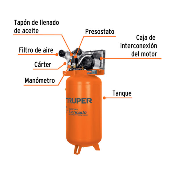 COMPRESORA DE AIRE 180L, 4HP, VERTICAL DOBLE PISTON, 103304 - TRUPER - Imagen 3