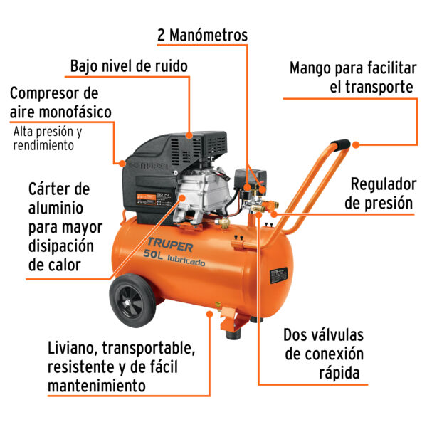 COMPRESORA DE AIRE 3.5HP, 50L, INC. MANGUERA Y PISTOLA 101744 - TRUPER - Imagen 3