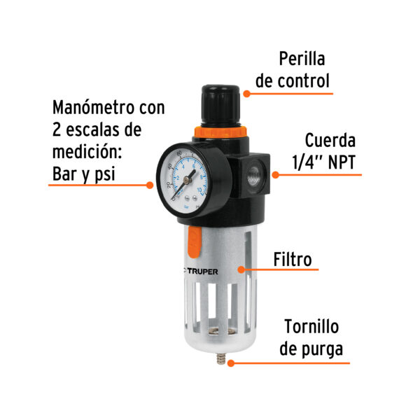 FILTRO Y REGULADOR DE AIRE 140PSI, 1/4 NPT, 18238 - TRUPER - Imagen 2