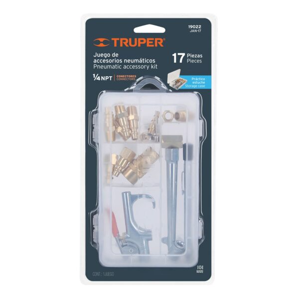JUEGO DE 17 ACCESORIOS NEUMÁTICOS P/ LIMPIAR, INFLAR Y CALIBRAR 1/4 NPT, 19022 - TRUPER - Imagen 3