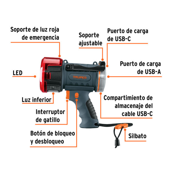 LINTERNA LED 2000LM RECARCABLE 450M 102418 - TRUPER - Imagen 3