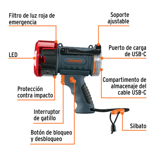 LINTERNA LED 900LM RECARCABLE 455M 102404 - TRUPER - Imagen 5