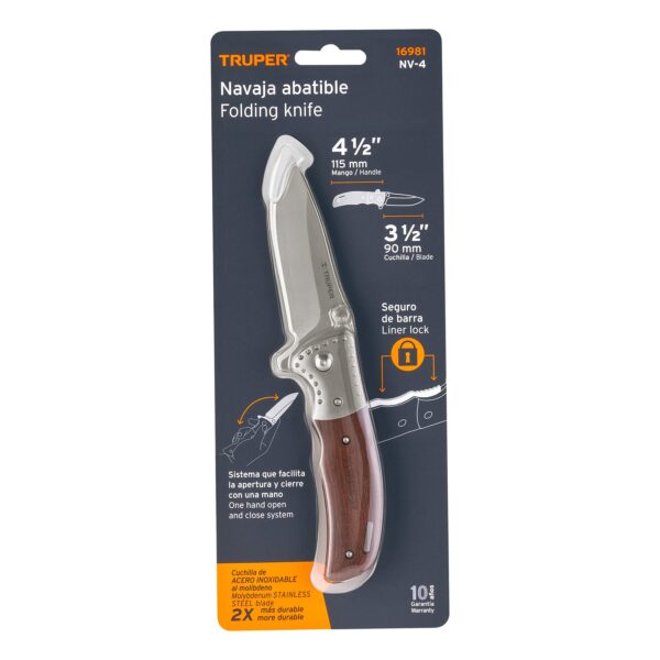 NAVAJA ABATIBLE 4" DENTADA CON SEGURO, ACERO INOX. 16981 - TRUPER - Imagen 3
