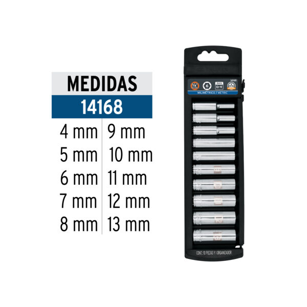 JUEGO DE 10 DADOS TUBULARES HEXAGONALES MM, ENCASTRE 1/4", 14168 - TRUPER - Imagen 2