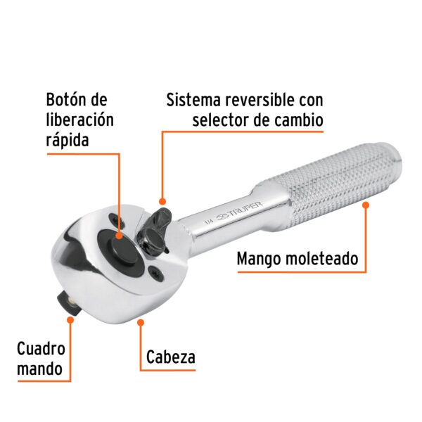 LLAVE RATCHET ENCASTRE 1/4" LIBERACIÓN RÁPIDA 13214 - TRUPER - Imagen 3
